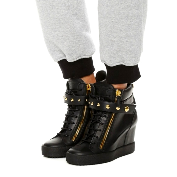 Guiseppe Zanotti Shoes - Guiseppe Zanotti Leather Sneakers Wedges Black - Size  36  1/2
